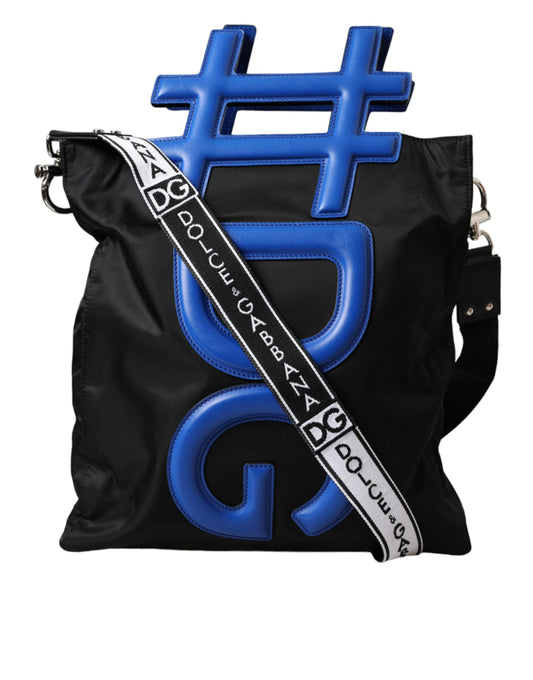 Bolso de mano de compras con etiqueta de cuero azul y nailon negro de Dolce & Gabbana