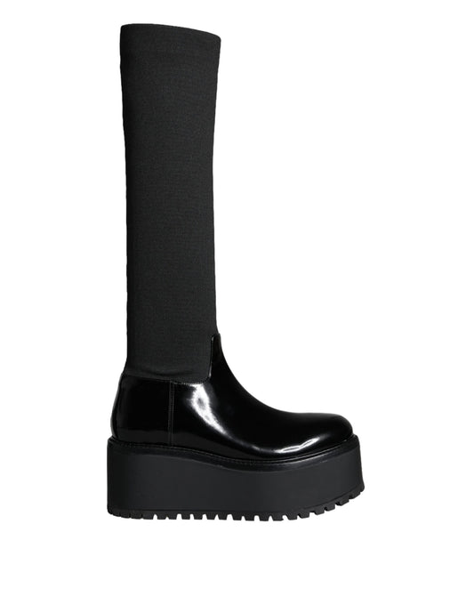 Botas altas hasta la rodilla de jersey de cuero negro de Dolce & Gabbana