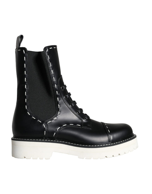 Botas de combate de cuero negro de media pantorrilla de Dolce & Gabbana