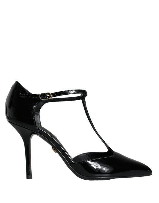 Zapatos de tacón alto de aguja con tiras en T de cuero negro de Dolce & Gabbana