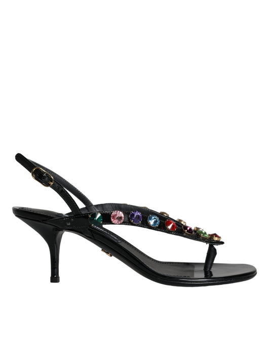 Sandalias con tiras cruzadas y cristales en cuero negro de Dolce & Gabbana
