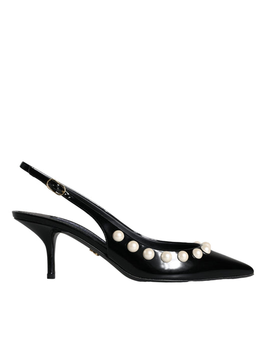 Zapatos de tira trasera con tacón de perla sintética y cuero negro de Dolce & Gabbana