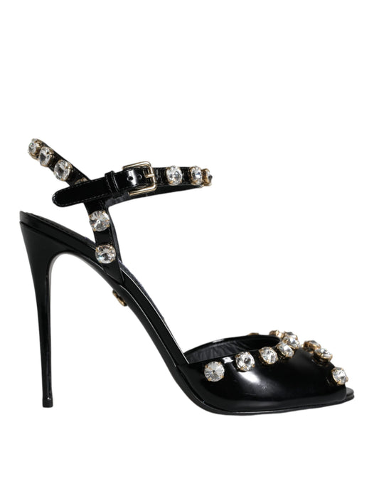 Sandalias con tiras en el tobillo y cristales de cuero negro de Dolce & Gabbana