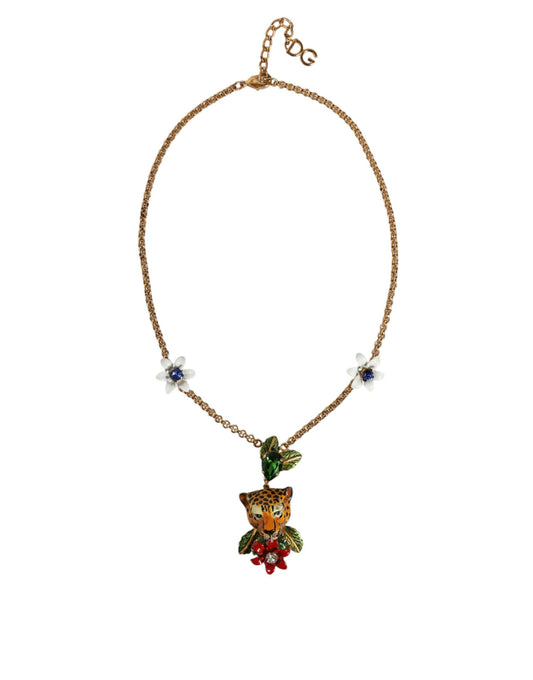 Dolce & Gabbana Gold Brass Leopard Flower Embellished Statement Necklace