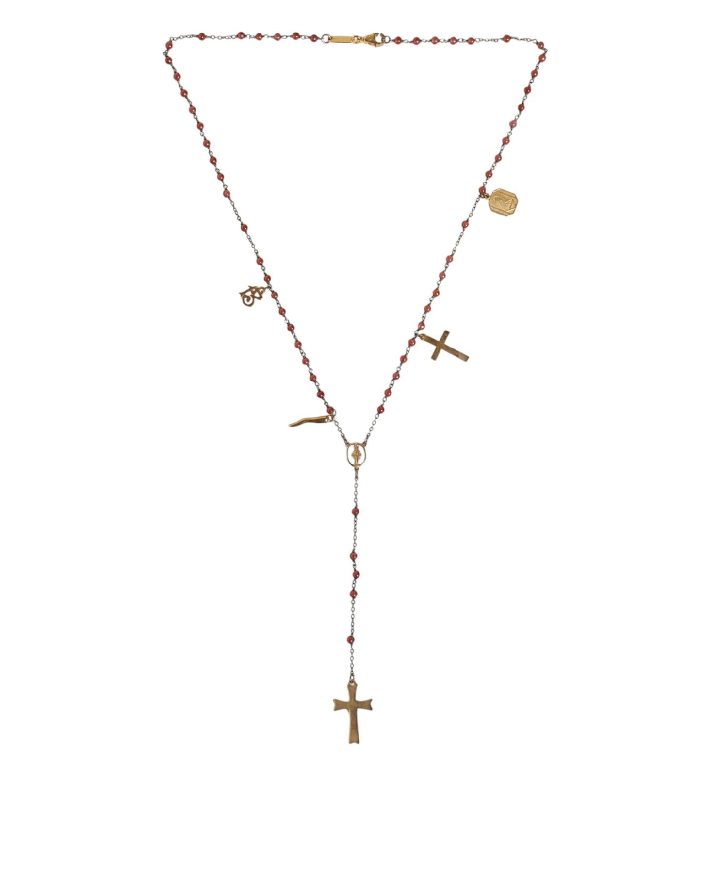 Dolce & Gabbana Gold Chain Brass Beaded Rosary Cross Pendant Necklace