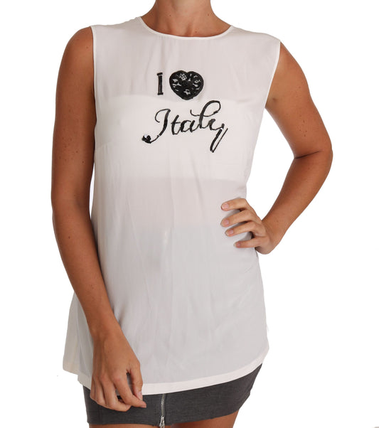 Blusa elegante sin mangas de seda blanca con detalle de encaje de Dolce & Gabbana