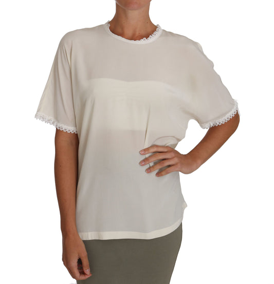 Blusa con detalle de encaje de seda color crema de Dolce & Gabbana