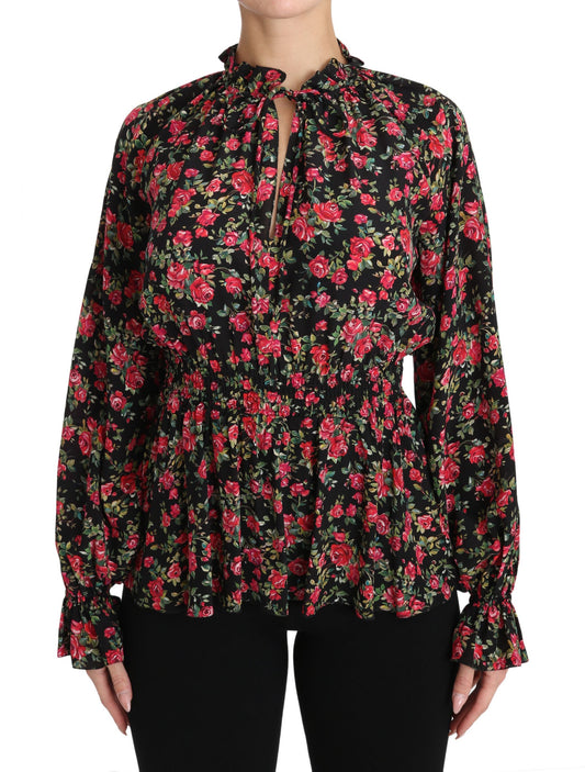 Camisa elegante de seda con estampado floral negro de Dolce & Gabbana