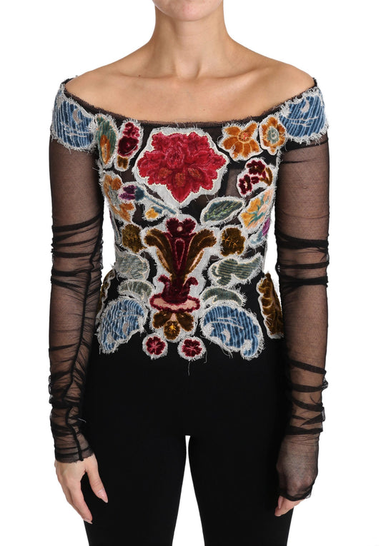 Blusa elegante de manga larga con apliques florales de Dolce & Gabbana