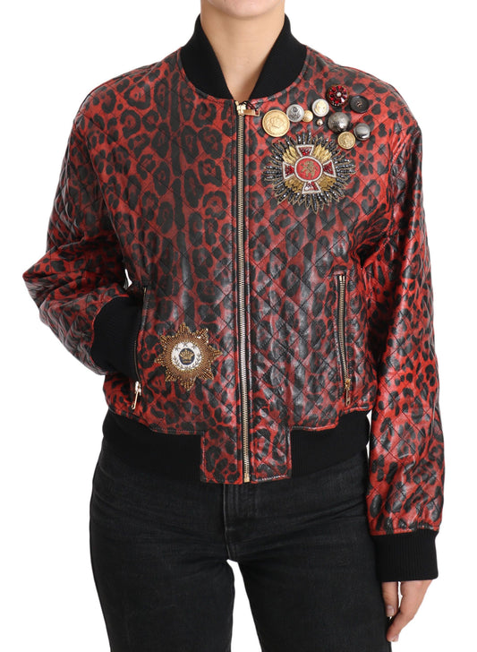 Cazadora bomber de piel con estampado de leopardo rojo y botones de cristal de Dolce &amp; Gabbana