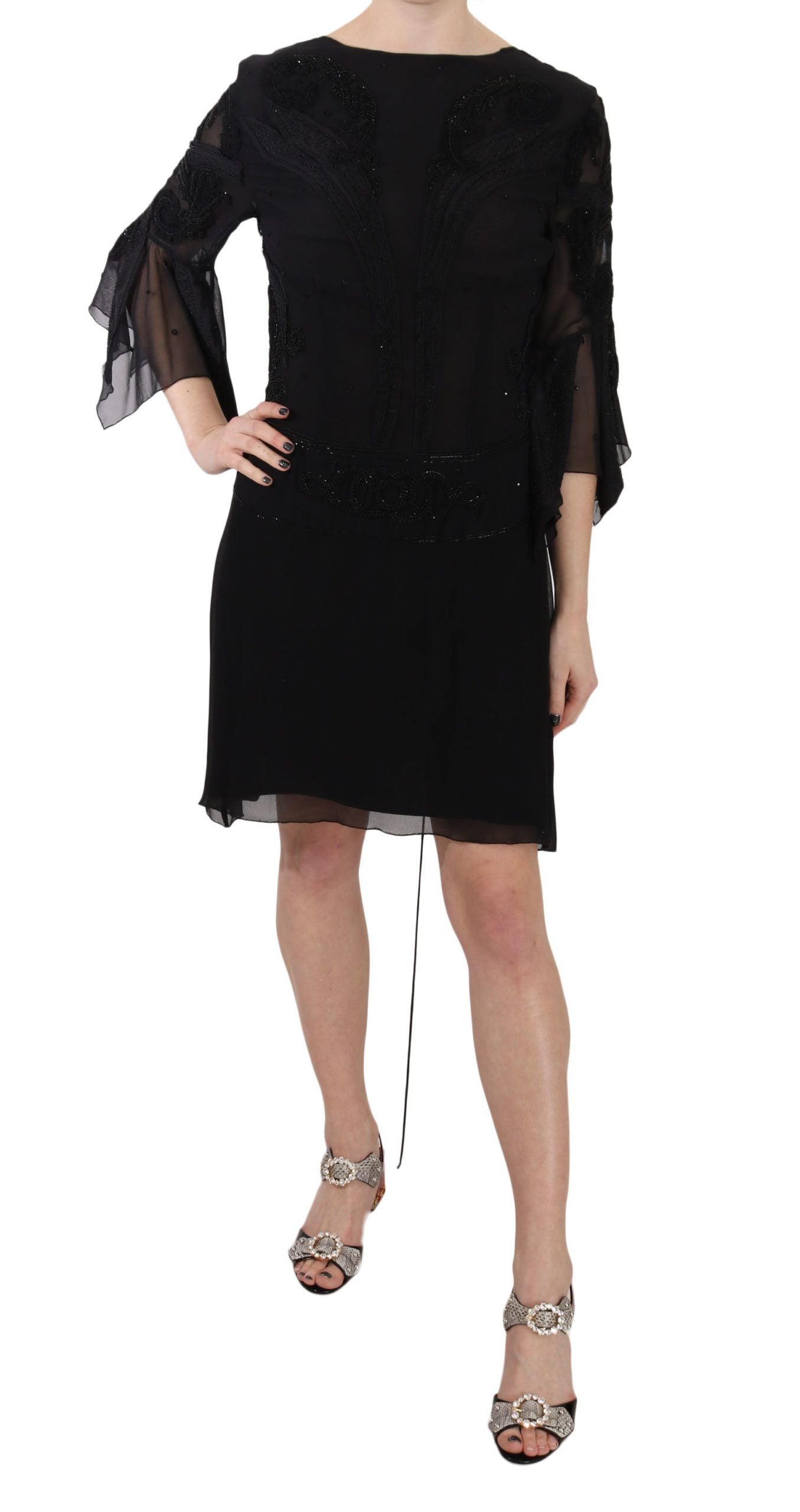 John Richmond Elegant Black Sequined Silk Mini Dress