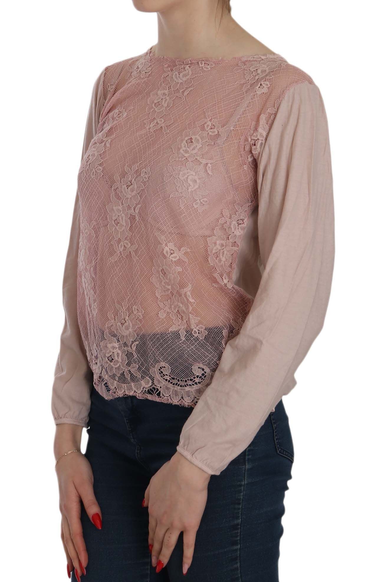 PINK MEMORIES Elegante blusa de encaje rosa con cuello barco