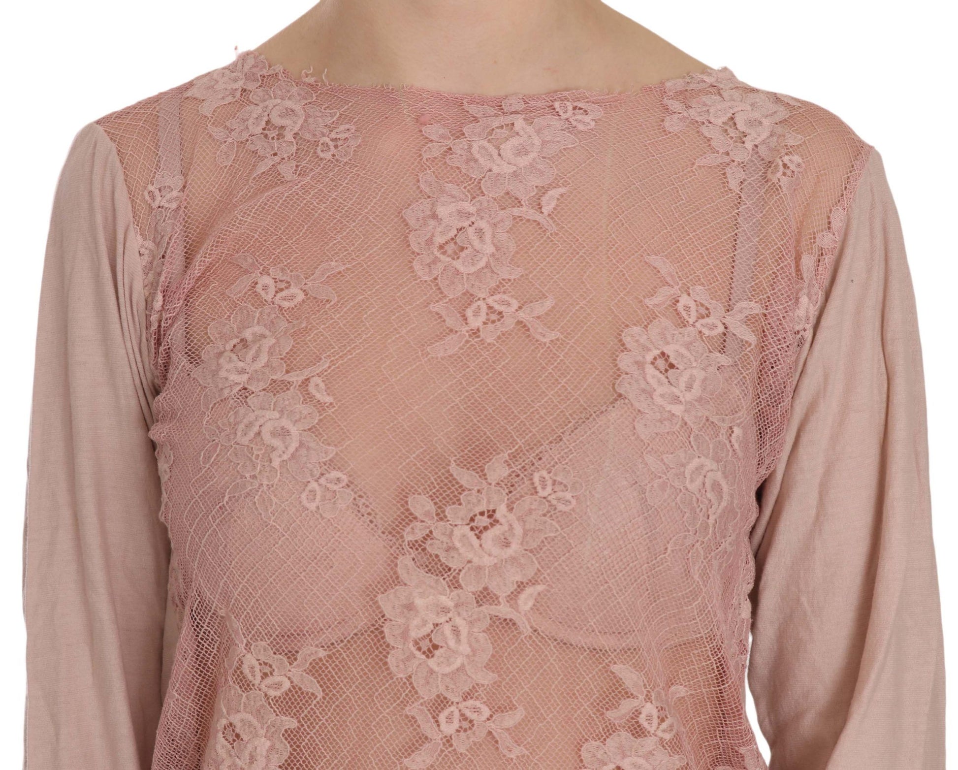 PINK MEMORIES Elegante blusa de encaje rosa con cuello barco