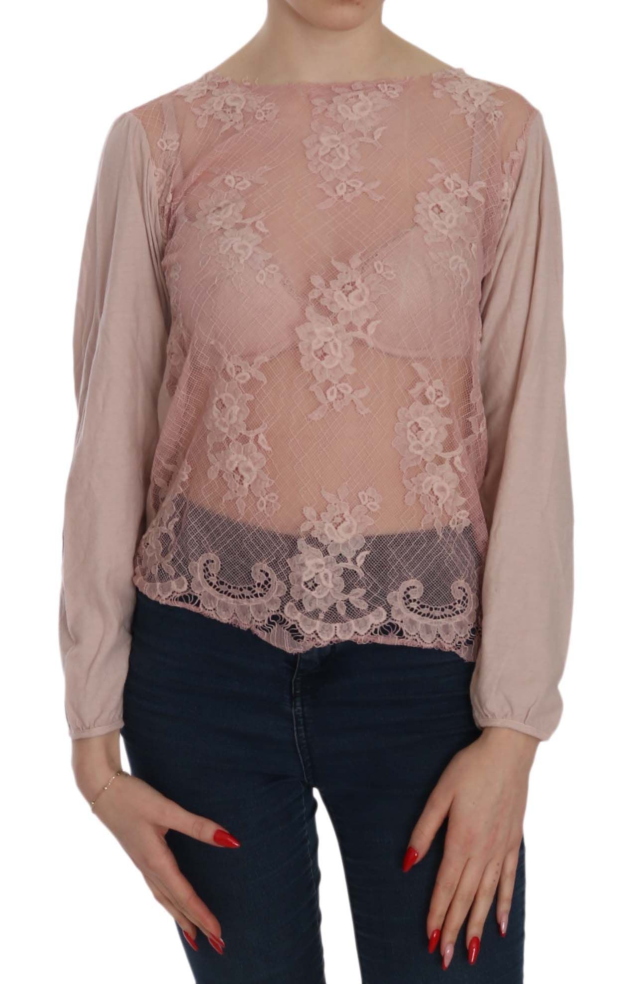 PINK MEMORIES Elegante blusa de encaje rosa con cuello barco