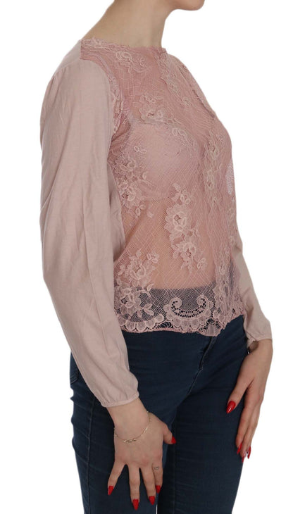 PINK MEMORIES Elegante blusa de encaje rosa con cuello barco