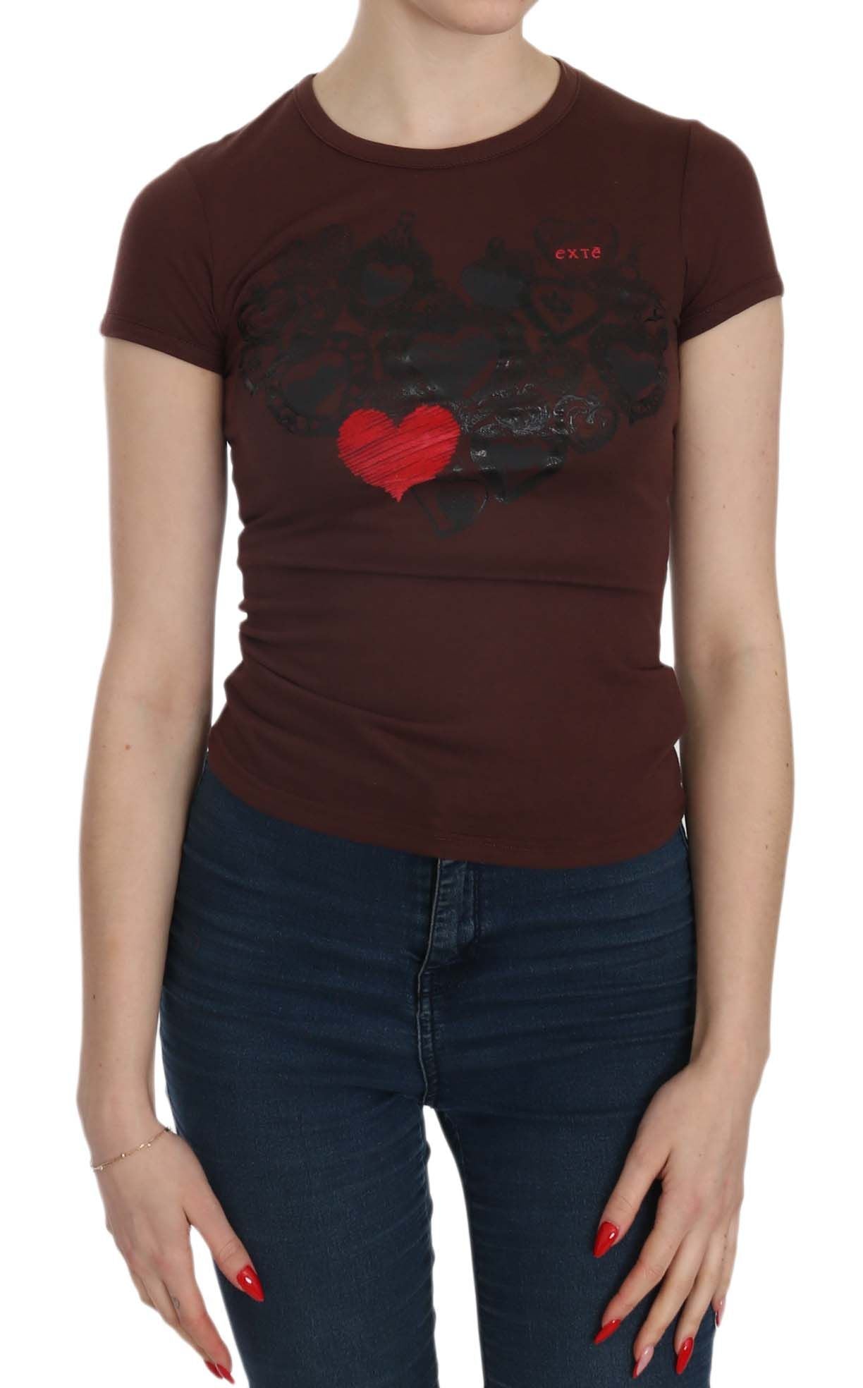 Blusa con cuello redondo y estampado de corazones marrones de Exte Chic