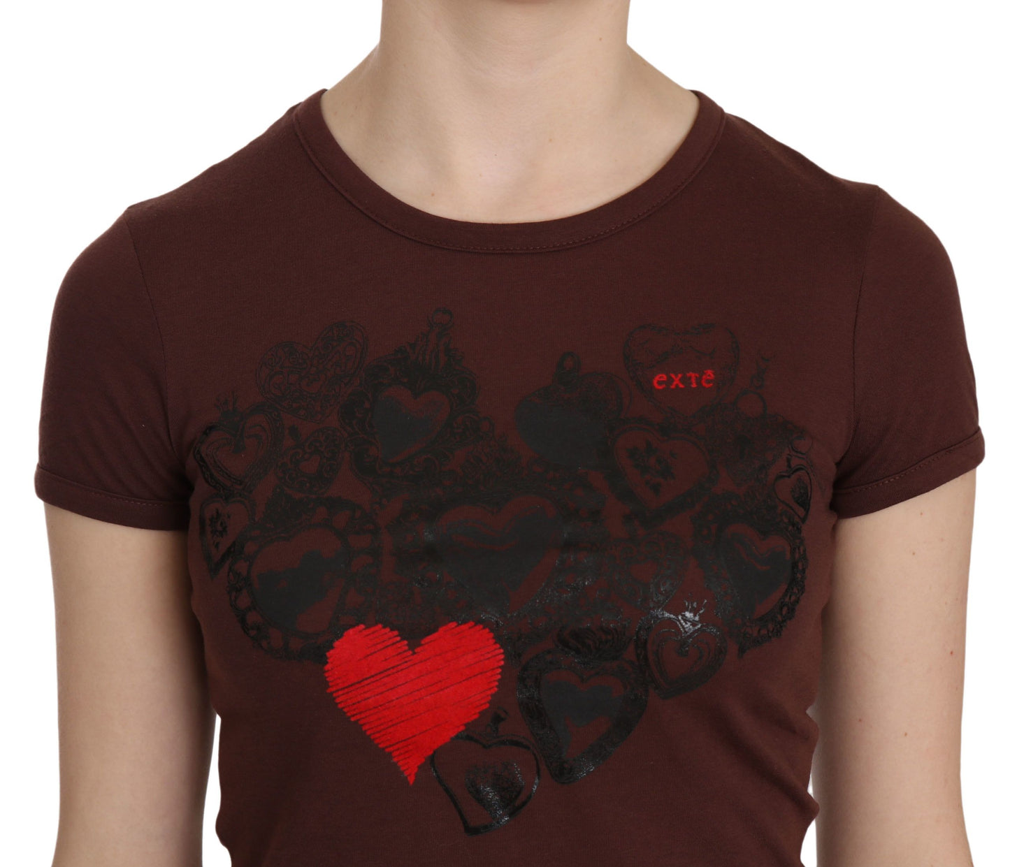 Blusa de cuello redondo con estampado de corazones marrones Exte Chic