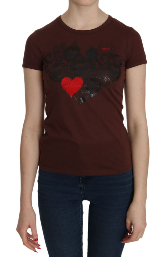 Blusa de cuello redondo con estampado de corazones marrones Exte Chic