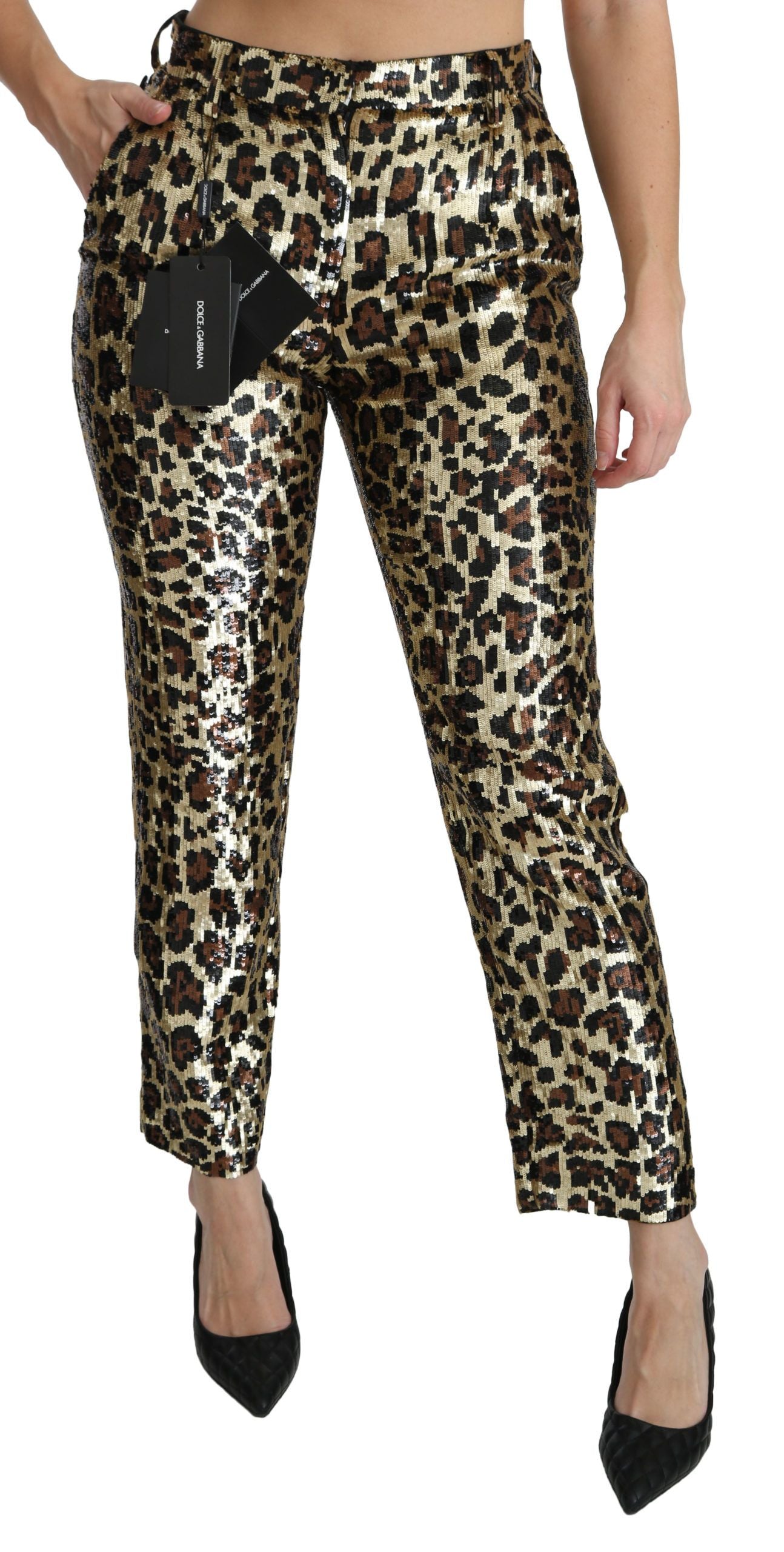 Pantalones elegantes de cintura alta con estampado de leopardo y lentejuelas de Dolce &amp; Gabbana