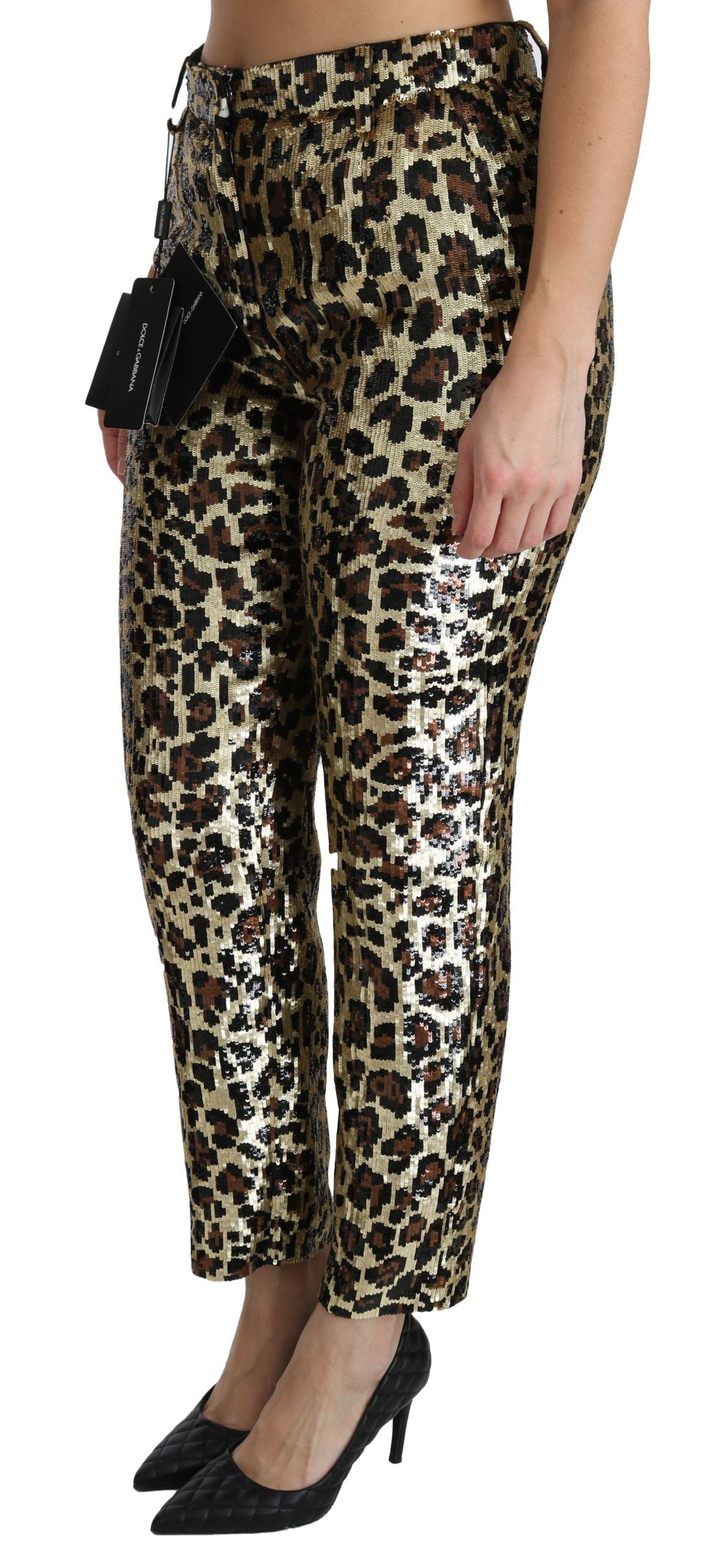 Pantalones elegantes de cintura alta con estampado de leopardo y lentejuelas de Dolce &amp; Gabbana