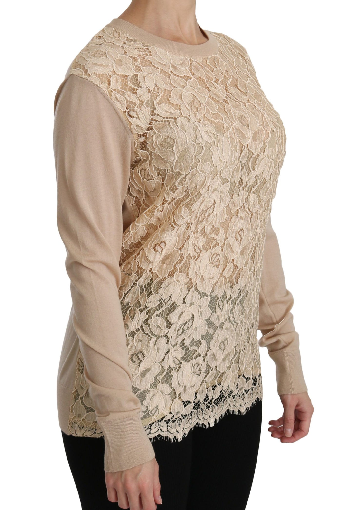 Dolce & Gabbana Elegant Beige Lace Crew Neck Cashmere Blouse