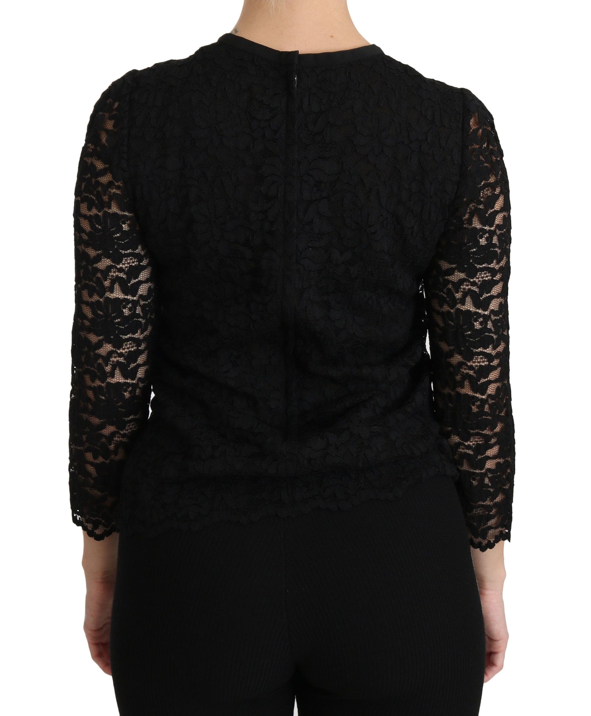 Blusa elegante de encaje negro con cuello redondo de Dolce &amp; Gabbana