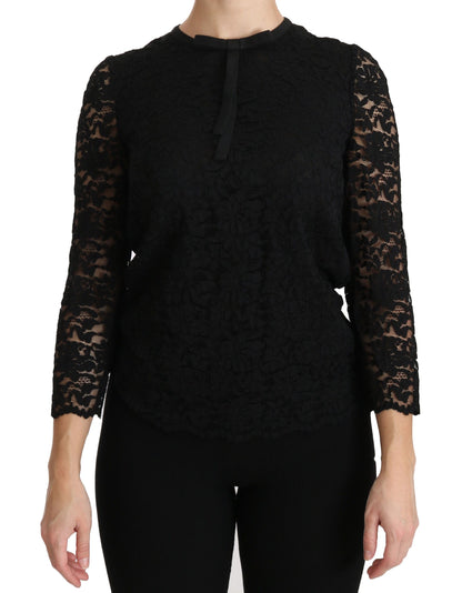 Blusa elegante de encaje negro con cuello redondo de Dolce &amp; Gabbana