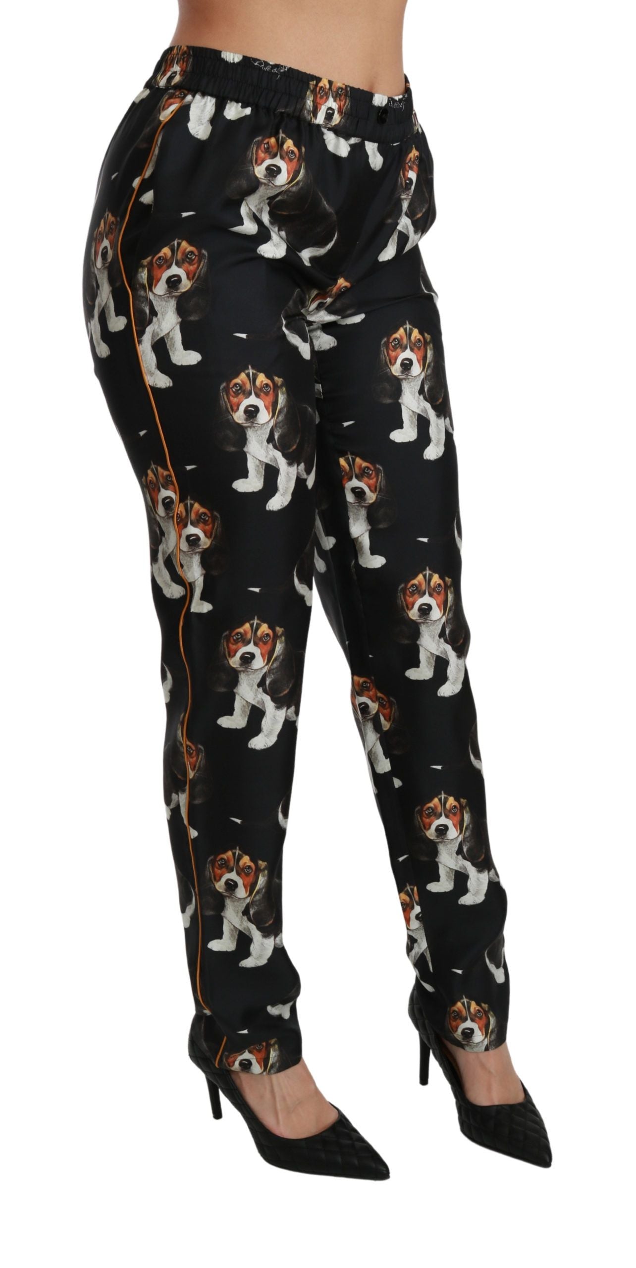 Pantalones elegantes de seda con estampado de cachorros de Dolce &amp; Gabbana