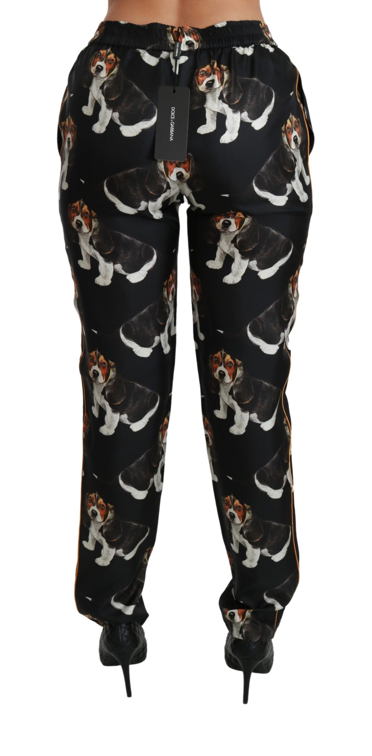 Pantalones elegantes de seda con estampado de cachorros de Dolce &amp; Gabbana