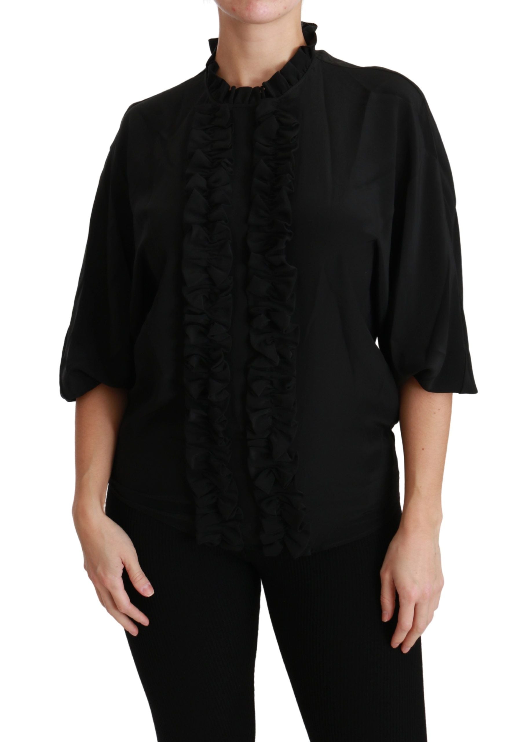 Blusa elegante de seda negra de manga corta de Dolce &amp; Gabbana