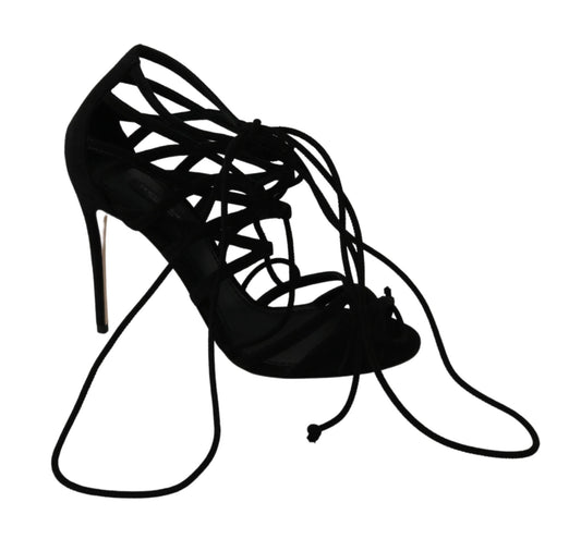 Elegantes sandalias con tiras en el tobillo y tacón de aguja de ante negro de Dolce & Gabbana