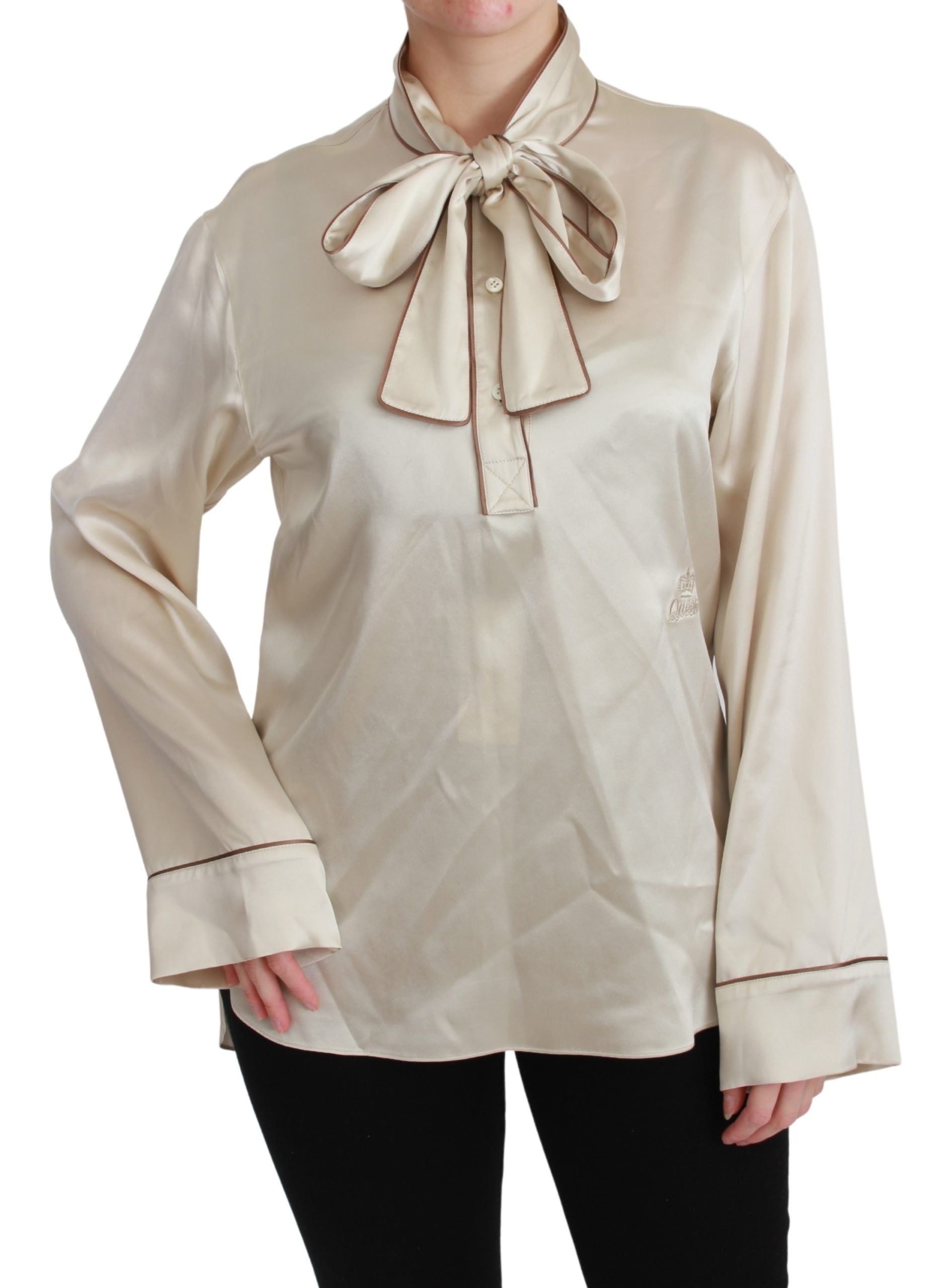 Dolce & Gabbana Elegant Beige Silk Satin Blouse with QUEEN Embroidery