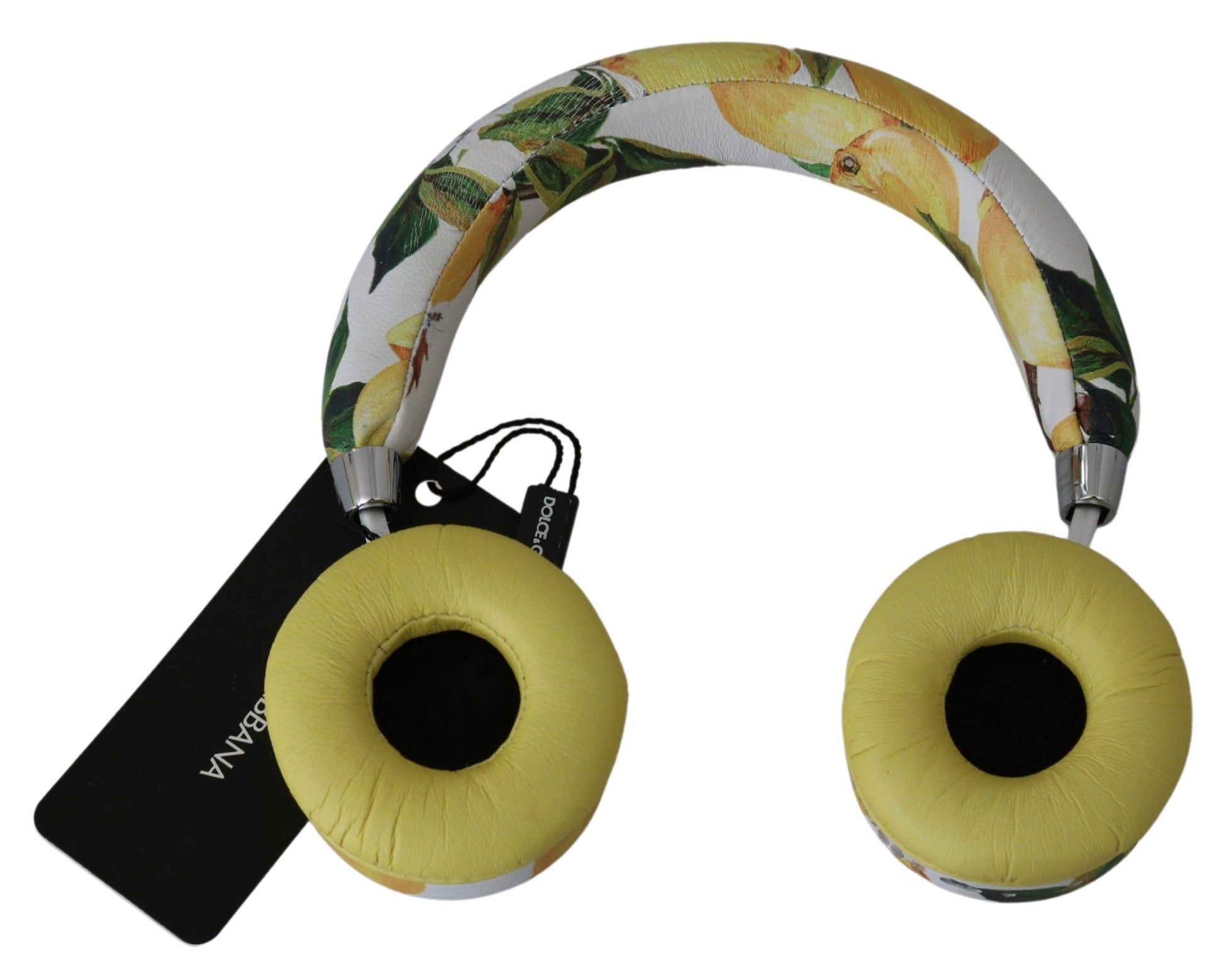 Auriculares elegantes de cuero blanco con estampado amarillo de Dolce &amp; Gabbana