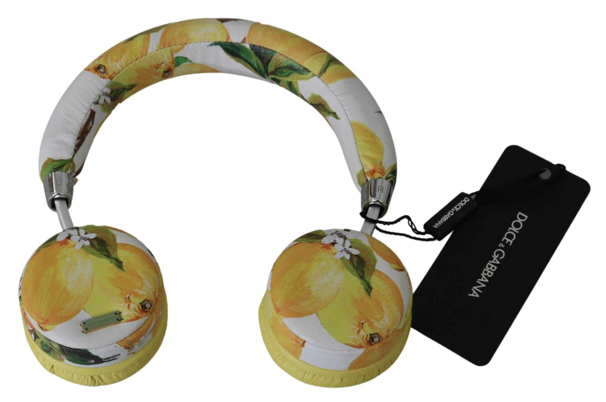 Auriculares elegantes de cuero blanco con estampado amarillo de Dolce &amp; Gabbana