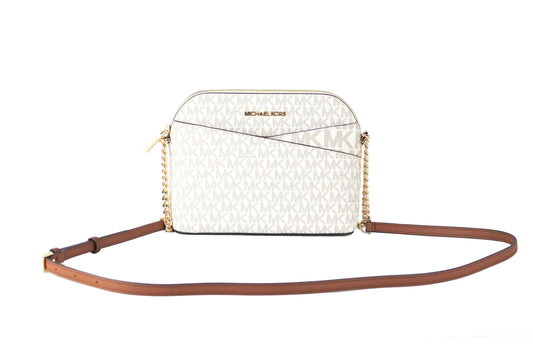 Bolso bandolera Jet Set Travel de piel de tamaño mediano con forma de cúpula cruzada en forma de X de Michael Kors (Vanilla Signature/Gold)