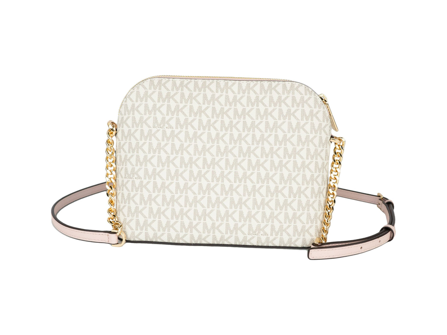 Bolso bandolera Jet Set Travel Medium de piel con forma de cúpula cruzada en forma de X de Michael Kors (Vanilla Signature/Powder Blush)