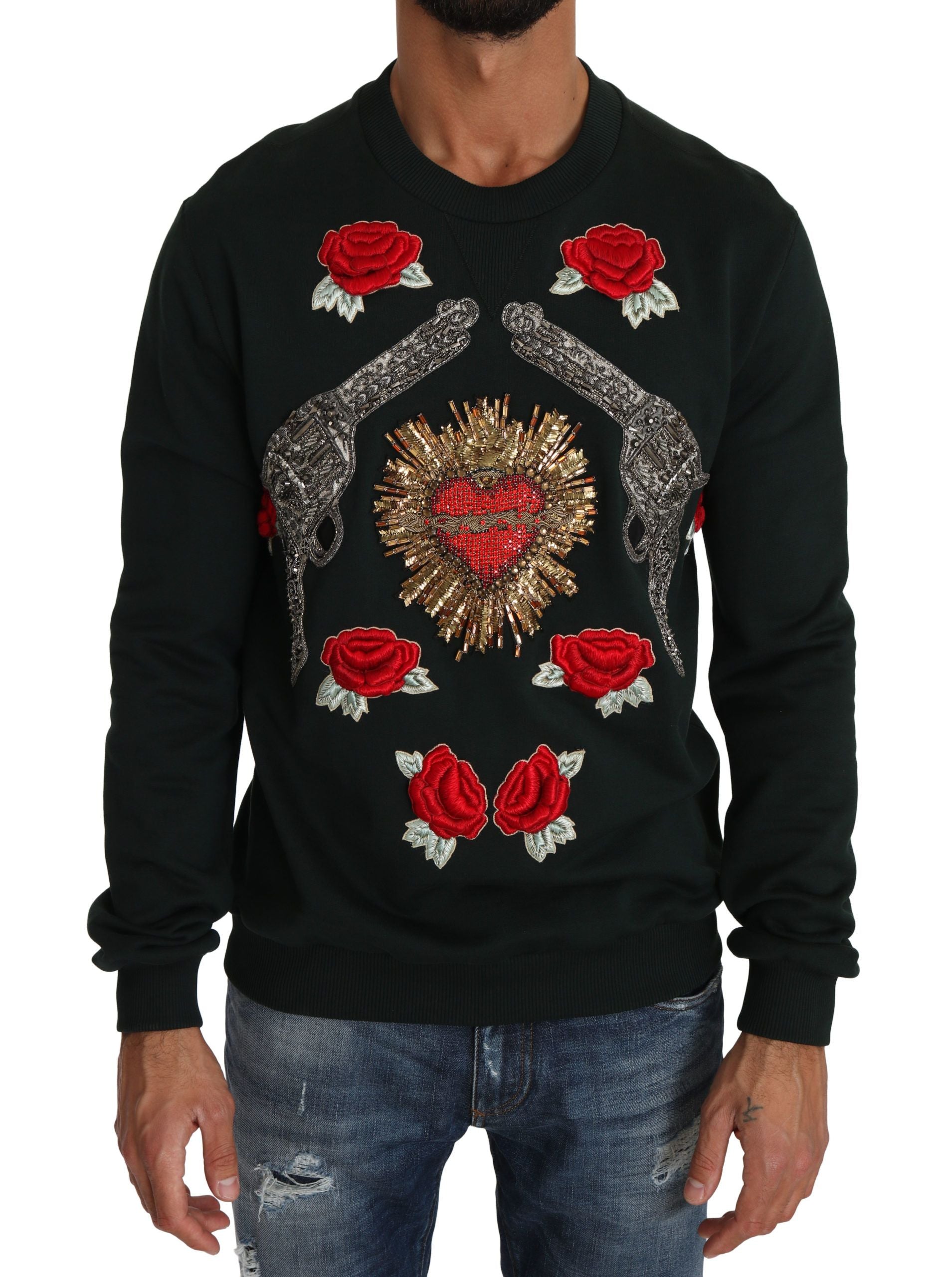 Dolce & Gabbana Emerald Cotton Sweater with Crystal Embroidery