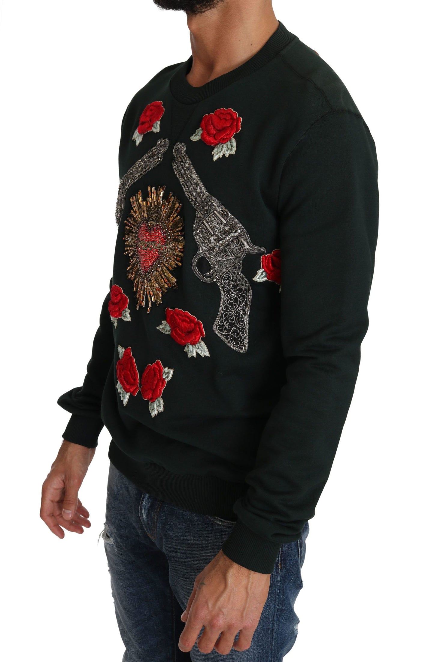 Dolce & Gabbana Emerald Cotton Sweater with Crystal Embroidery