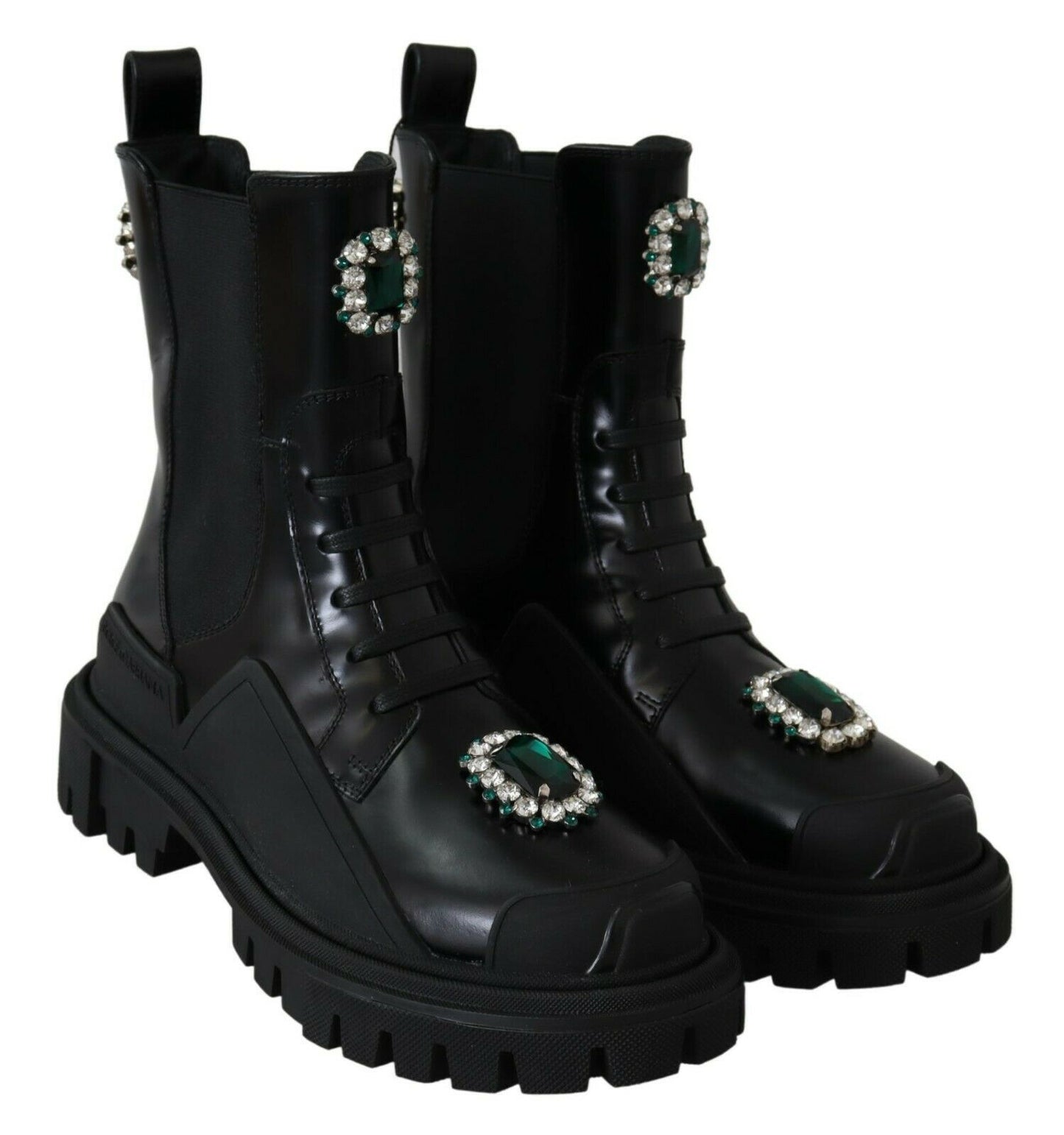 Botas de combate elegantes de cuero negro con detalle de cristales de Dolce &amp; Gabbana