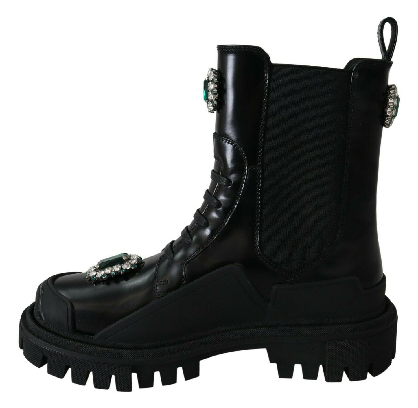 Botas de combate elegantes de cuero negro con detalle de cristales de Dolce &amp; Gabbana