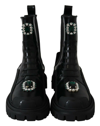 Botas de combate elegantes de cuero negro con detalle de cristales de Dolce &amp; Gabbana