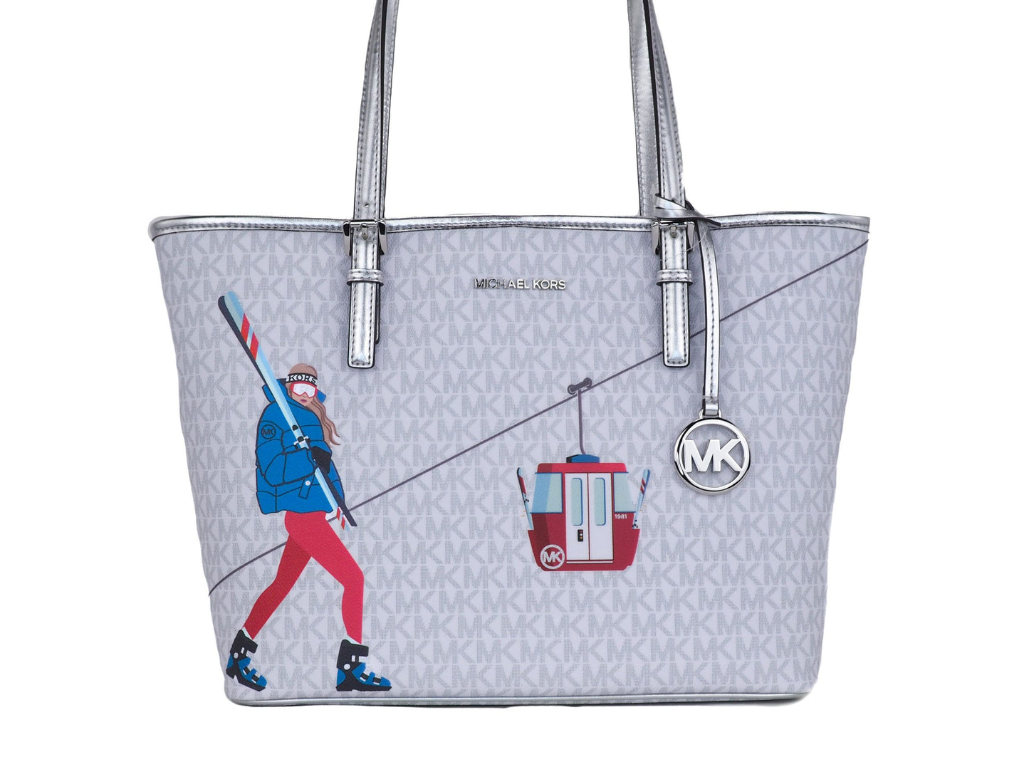 Bolso de mano de hombro Jet Set Girls de Michael Kors, de PVC, con estampado Signature, de tamaño mediano (blanco brillante y multi)