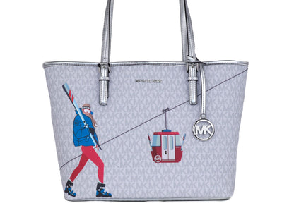 Bolso de mano de hombro Jet Set Girls de Michael Kors, de PVC, con estampado Signature, de tamaño mediano (blanco brillante y multi)