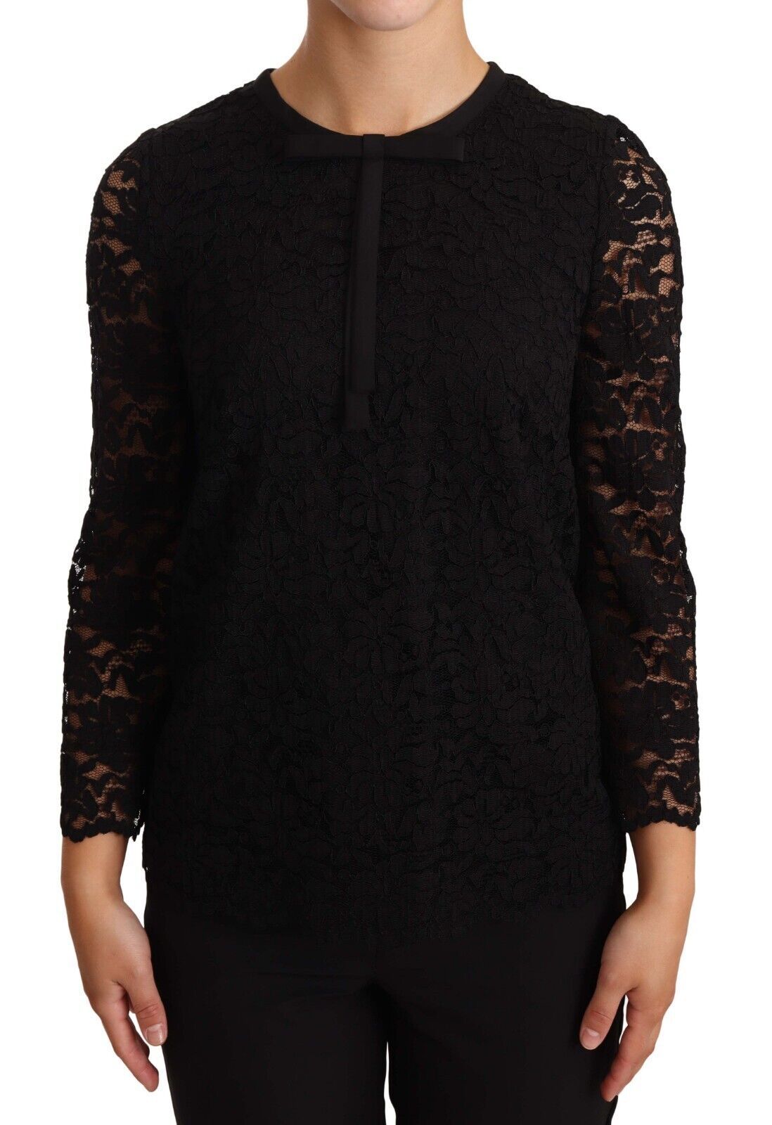 Blusa elegante de manga larga con encaje floral negro de Dolce &amp; Gabbana