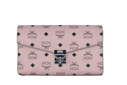 Bolso de mano tipo bandolera de piel con logo de diamante de color rosa suave de tamaño mediano de MCM