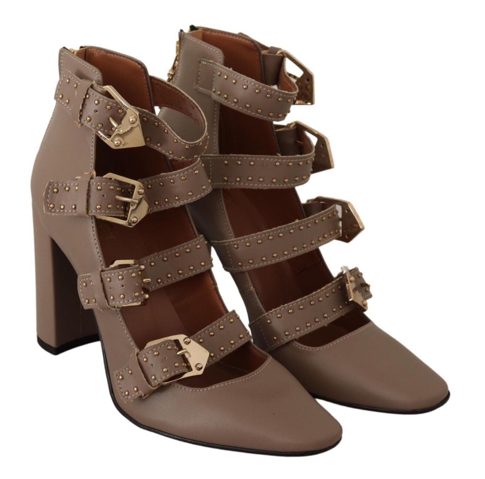 MY TWIN Elegant Leather Multi-Buckle Heels in Brown