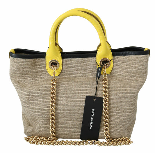 Bolso tote de lino y piel de becerro beige con cadena dorada de Dolce &amp; Gabbana