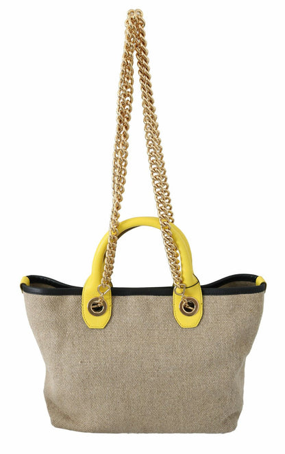 Bolso tote de lino y piel de becerro beige con cadena dorada de Dolce &amp; Gabbana