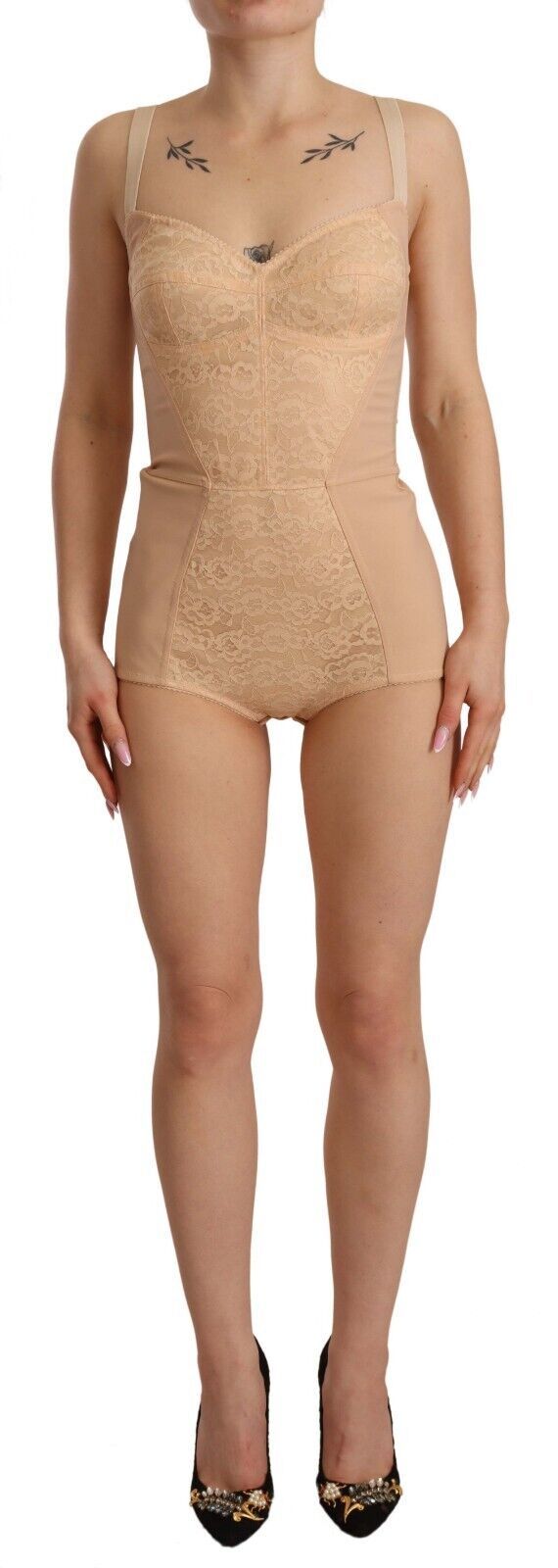 Body elástico con panel de encaje beige de Dolce &amp; Gabbana