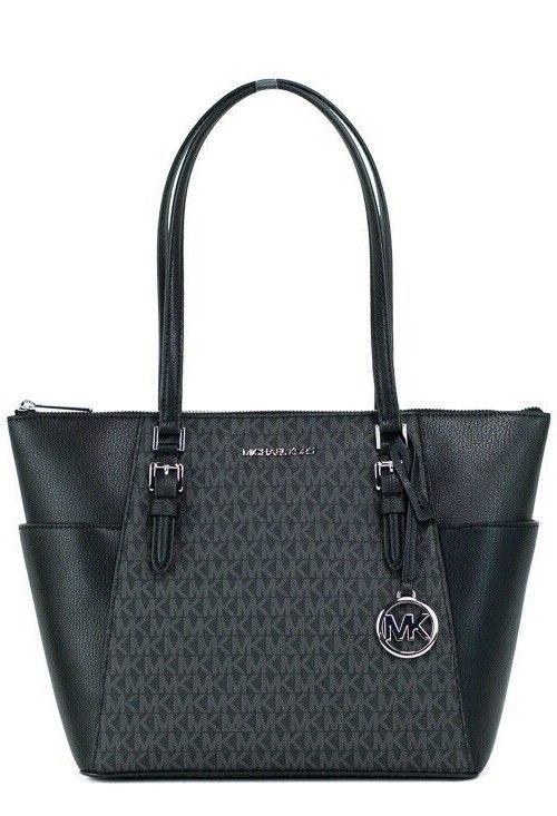 Bolso de mano grande con cremallera superior de piel de PVC negra Charlotte de Michael Kors